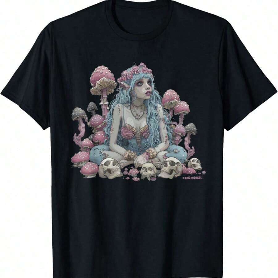 Gothic Fairy Mushroom Skull Fairycore Goth Cottagecore T-Shirt - Black - View 1