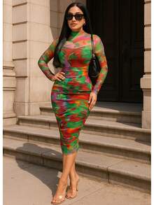 Kaleidoscope Print Mesh Ruched Midi Dress  All Over Print    Elegant    Ruched  Zipper  Sheer    Stage & Concert - 綠色 - 查看 2