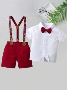 2pcs Baby Boys Gentleman Outfit - Red Suspender Pants And White Shirt With Bow Tie, Suitable For Holidays, Weddings, Parties, New Year Celebrations, And Everyday Wear