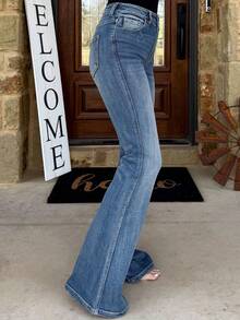 Mid Waist Stretch Blue Flared Jeans - Fashionable And Versatile For Women - Blue - View 3