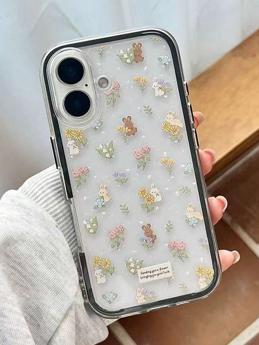 Bunnies 2-in-1 süße kleine Kaninchen & Blumen Design Handyhülle, weiche transparente Schutzhülle geeignet für iPhone 16 Pro Max, 15, 14 Pro, 13 Pro