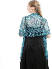 Women's Long Sequin Shawls 1920s Scarf Mesh Glittering Wedding Cape Fringed Evening Wrap Formal Harlem Night - 藍色 - 查看 1