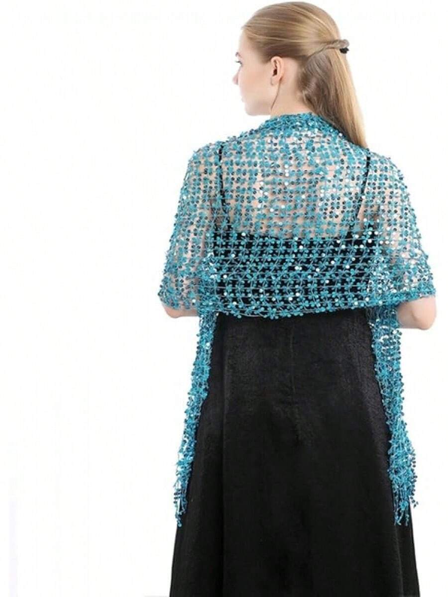 Women's Long Sequin Shawls 1920s Scarf Mesh Glittering Wedding Cape Fringed Evening Wrap Formal Harlem Night - 藍色 - 查看 1