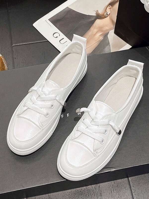 Marcy Fashion Classic White Sneakers, Casual Preppy College Sport Style PU Leather Lace-Up Flat Platform Shoes, All-Match Sporty Casual Footwear For All Seasons