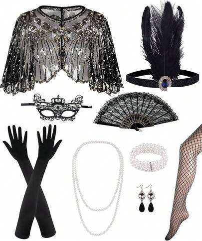 PLULON 8 Pcs 1920s Flapper Accessories Set Women, Great Gatsby Dresses Sequin Shawl Wraps Roaring 20s Dresses Party