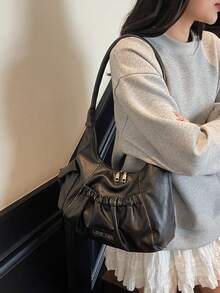 Túi xách tay màu đen tối giản, chất liệu giả cổ, kiểu dáng Hàn Quốc, túi tote casual, túi đeo vai dung tích lớn tiện dụng cho đi làm và du lịch, phong cách đường phố. - màu đen - Xem 9