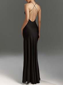 女士纯色交叉绑带高开衩露背长裙修身优雅性感派对礼服舞会晚礼服婚礼黑色 - 黑色 - 查看 2