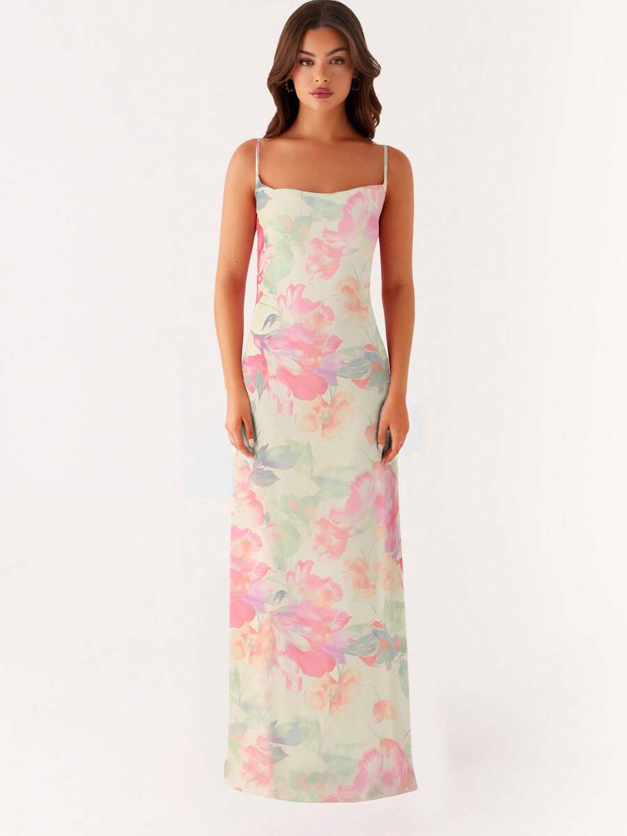 Women's Floral Long Cami Dress Summer Sleeveless Open Back Flower Print Spaghetti Strap Dress - 淺黃色 - 查看 1