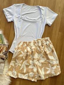 KISTYLE Women's Set Of Suplex Bodysuit + Skirt With Printed Shorts With Lining - 白色和杏色 - 查看 5