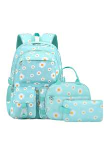 Set 3 buc. rucsac imprimat cu cutie de prânz și penar, design cu compartimente multiple, închidere cu fermoar, căptușeală din poliester, curea de umăr reglabilă, buzunar lateral pentru sticlă de apă, potrivit pentru utilizare zilnică, exterior, călătorii, rucsac din poliester impermeabil și durabil, cadou pentru întoarcerea la școală