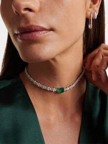 1pc Silver Luxury Rhombus Zirconia Chain Necklace With Green Diamond, Prom/Party Jewelry Gift For Women - Silver - View 1