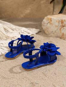 A Pair Of Stylish Lace Up Floral Sandals, Sandals, Beach Sandals, Bohemian Sandals, Floral Sandals, - Blue - View 3