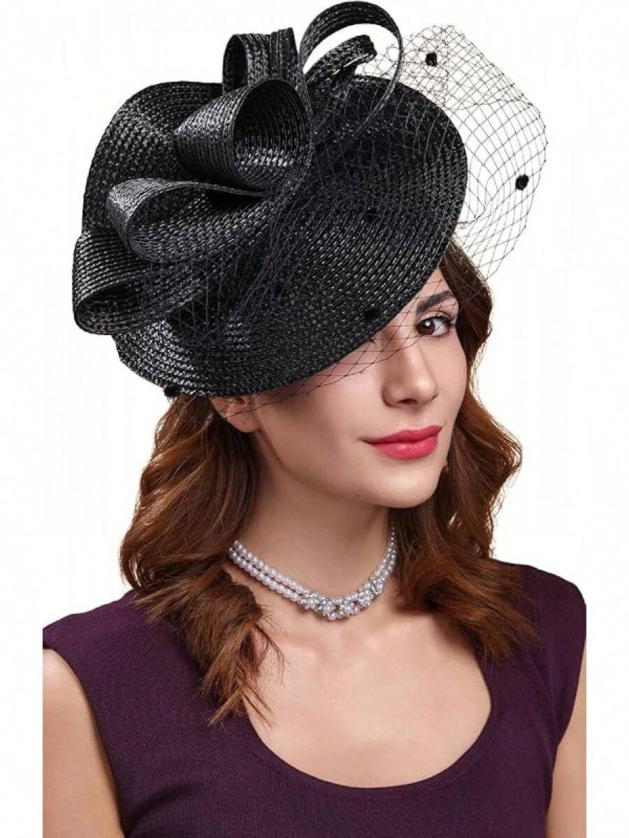 Derby Fascinators Women High Tea Party Hat Wedding Cocktail Flower Headware With Mesh And Feathers - Z-f0271-black - View 1