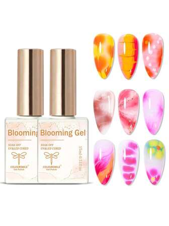 COLOURSMILE 2 件 15 毫升指甲绽放凝胶透明 UV LED 开花凝胶抛光，用于扩散效果大理石天然石水彩花卉印花可去除指甲胶 DIY 美甲设计美甲礼物，适合女性
