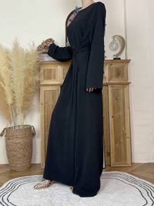 1 pieza Elegante vestido jalabiya casual para mujer en ocasión de Eid, vestido largo de un solo color con nudo para uso informal, de viaje o en vacaciones, primavera/otoño