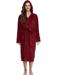 Womens Robes  Fleece Hooded Bathrobe Thick Nightgown With Pockets Fluffy Sleepwear - 酒紅色 - 查看 3