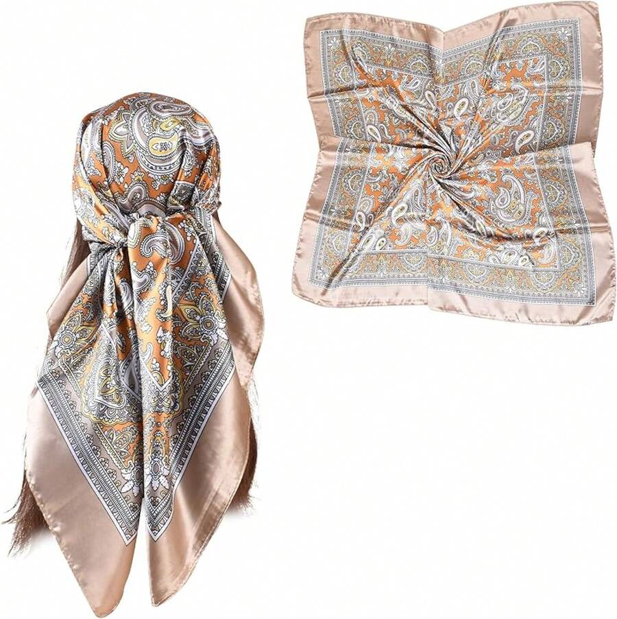 35 Inches Silk Head Scarf-Satin Hair Scarves Silk Bandana Scarf Headscarf For Women's Fashion Scarveshalloween - 佩斯利花紋-駱駝 - 查看 1