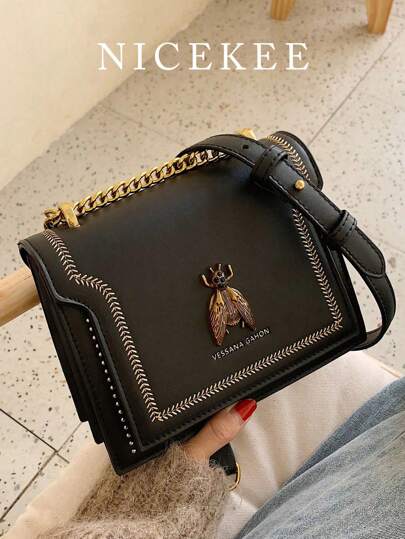 New Fashion Retro Bee Decorative Design Shoulder Bag, Square Bag, Metal Chain Decorative Crossbody Bag, Solid Color PU Waterproof Fabric Wallet, Suitable For Travel, Shopping, Giving Mom Festival Gifts