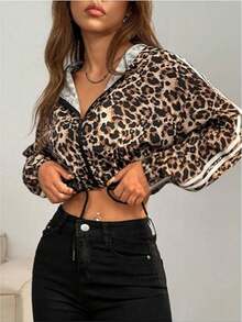 CMC Women Leopard Print Short Hooded Jacket, Zipper Long Sleeve Hooded Streetwear Outerwear