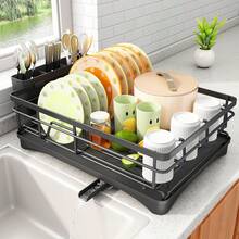 Dish Drying Rack - Stainless Steel Dish Rack For Kitchen Counter, Large-Capacity Dish Drainer With Cutlery Holder, Kitchen Organizer For Dishes, Spoons And Forks, Black - màu đen - Xem 1