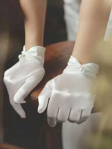 1 双女士新娘婚礼手套，缎面腕长歌剧手套，带珍珠装饰，正式派对礼服手套秋季配饰