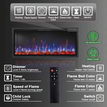 42"Electric Fireplace With Aluminum Frame: Wall-Mounted/Recessed Indoor Heater, Touch Screen, Remote & 12H Timer, 1500/750W" - US B Type Plug(110-127V) - View 4