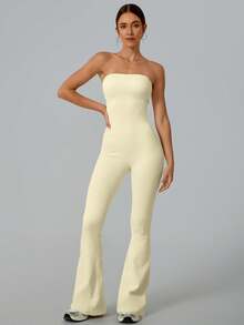 NcmRyu 1 Set Solid Color Seamless Tube Top Bodysuit Women S Slimming Jumpsuit Fitness Apparel Yoga Wear Gym Activewear Stretchable Body Shaper Sleeveless Flare Jumpsuit Comfortable Activewear For Fitness Gym Running And Outdoor Activities - 奶油白 - 查看 4