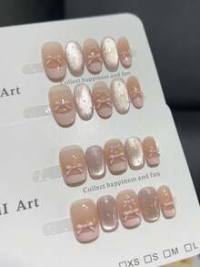 10 件高端粉色法式闪亮玻璃珠，芭蕾女孩风格手工假指甲，这款指甲贴甜美透明，带有蝴蝶结和波尔卡圆点设计，非常适合可爱女孩在假期约会或度假时使用按压指甲美甲用品