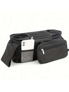 1pc Black Baby Stroller Hanging Storage Bag, Multi-Functional Diaper Caddy With Cup Holder, Detachable Phone Pouch And Shoulder Strap, Portable Design