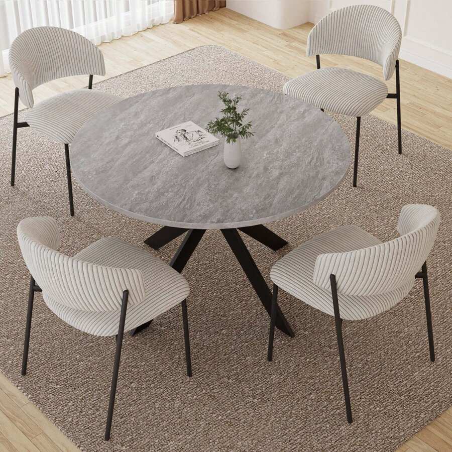 5 Sets Of Tables And Chairs, Circular Dining Tables And Chairs For 2-4 People, Imitation Marble Dining Table, Corduroy Fabric Armchairs, Home Decoration.Suitable For Small Spaces, Family Kitchens, Restaurants, Apartments, Offices - 灰色 - 查看 1