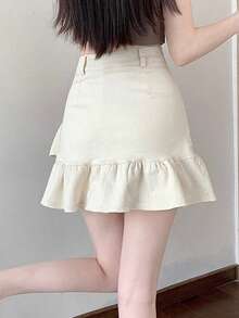 女士休闲拼布荷叶边下摆牛仔迷你裙