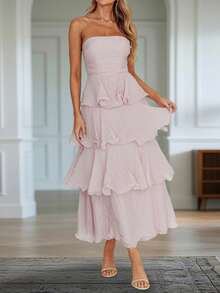 Ruffled Tube Top Long Dress For Women Summer Solid Color Backless Strapless Sleeveless Tiered Cake Dress - Màu tím - Xem 5