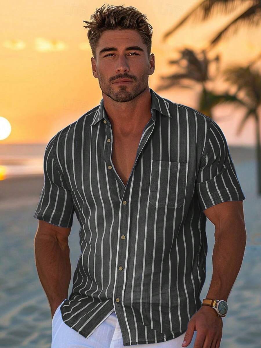 Men's Casual Blue & White Stripe Breathable Short Sleeve Shirt, Spring/Summer Vacation Style