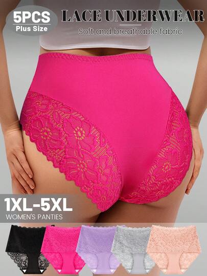 MEIYATING 5pcs Plus Size Women Lace Panties, High Waisted Tummy Control Hollow Floral Sexy Briefs
