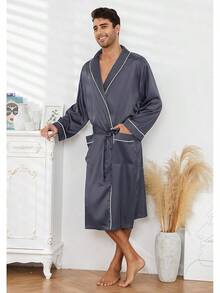 Bata de satén para hombres, ligera. Bata de baño de kimono de seda lujosa para hombres - Gris Oscuro - Ver 3