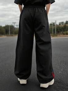 Men's Casual Solid Color Multi-Pocket Drawstring Waist Cargo Pants, Loose Fit Fashionable Wide Leg Pants With Zipper Leg Openings, Spring/Autumn Style - Black - View 4