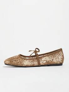 Women Brown Flat Ballet Flats With Bowknot & Floral Embroidery Decor, Summer Breathable Hollow Mesh Sandals, Square Toe Glitter Wide Fit Mary Jane Shoes - màu nâu - Xem 6