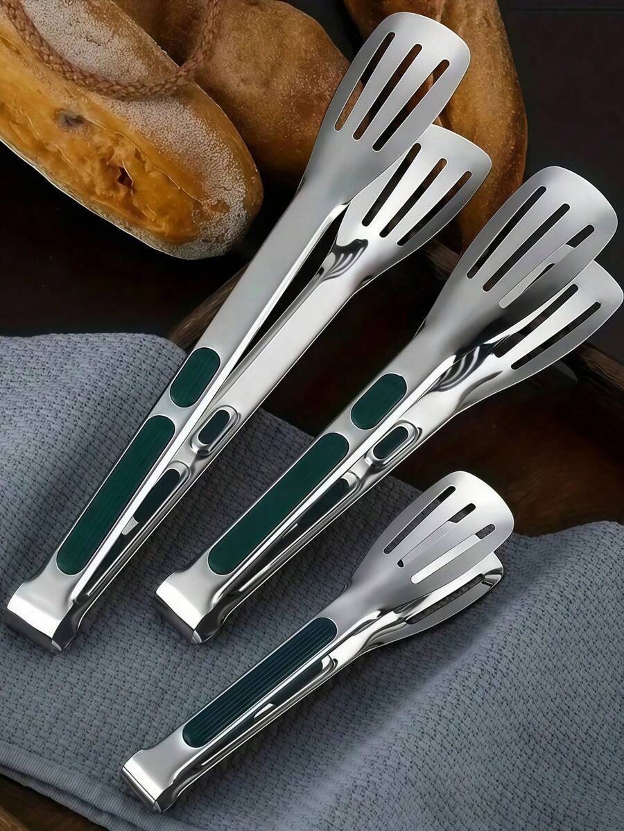 1pc Stainless Steel Kitchen Cooking Tongs, Stainless Steel Food Tongs, Bread Serving Tongs, Anti Scalding Silica Gel, Dishwasher Friendly - Small, Medium, Large - Multicolor - View 1