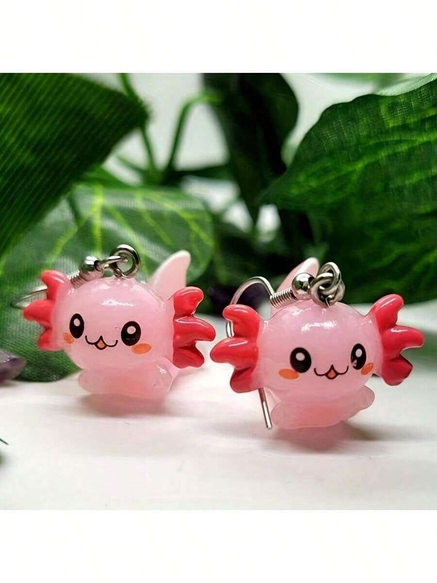 Boucles d'oreilles amusantes d'axolotl de la série océanique, boucles d'oreilles de baleine bleue à pois blanc