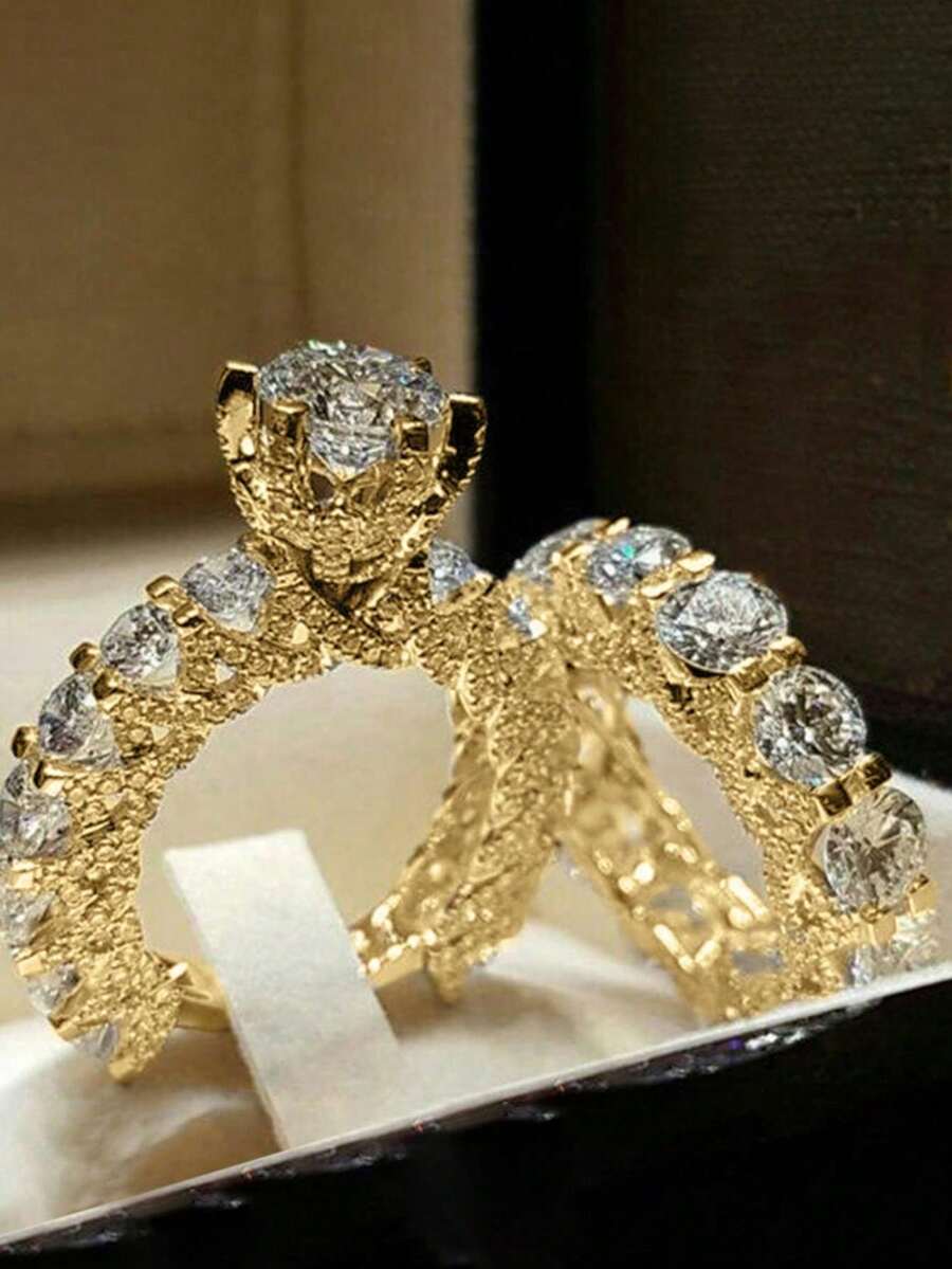 Set de 2 anillos con circonita cúbica preciosa para mujer, regalo del Día de San Valentín, joyería para boda, aniversario y fiesta - Amarillo Oro - Ver 1
