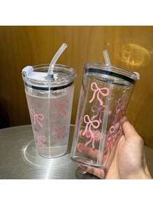 1个透明塑料杯，带缎带图案，休闲水瓶，日常使用 - 彩色 - 查看 2