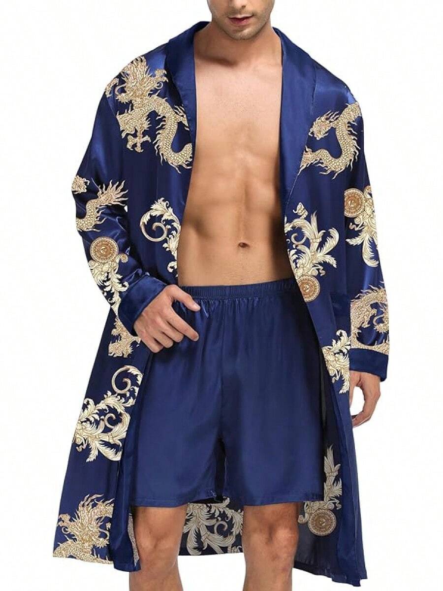 SWOMOG Men's Satin Robe With Shorts Set Silky Kimono Bathrobe Lightweight Soft Sleepwear - 藍龍 - 查看 1