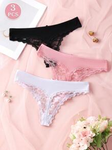 3 Packs Women Sexy Lace Patchwork Thong Panties, Comfortable Soft And Skin-Friendly Underwear