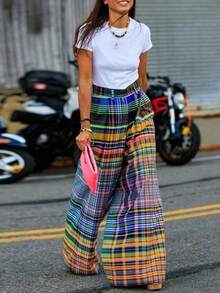 HERTALK Women's Large Size Plaid Design Elastic Waist Loose Wide Leg Trousers Beach Vacation Trousers - Nhiều màu - Xem 4