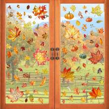 107pcs Stiker Jendela Musim Gugur Thanksgiving - Daun Maple dan Kerucut Pinus Lukisan Minyak Stiker Jendela untuk Dekorasi Rumah Kaca Musim Gugur dan Dekorasi Thanksgiving - MultiWarna - View 3
