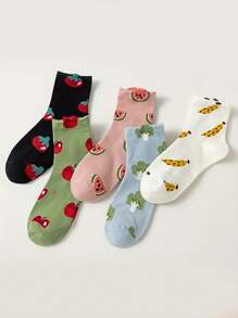 5 paires de chaussettes mi-mollets colorées assorties pour femmes avec imprimé de légumes et de fruits, design polyvalent et casual, pour toutes les saisons