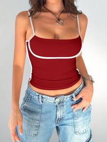 Mystra Women's Contrast Color Simple Everyday Camisole - Burgundy - View 1