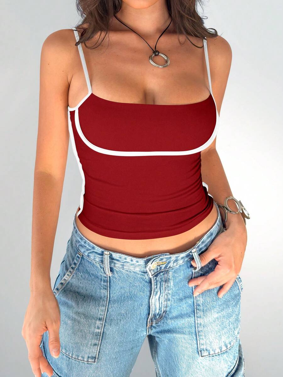 Mystra Women's Contrast Color Simple Everyday Camisole - Burgundy - View 1