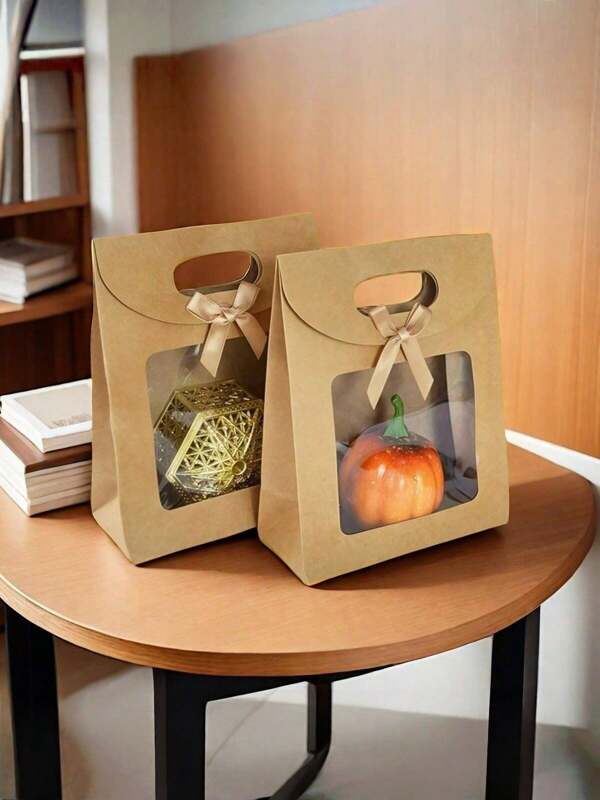 1/10/20pcs Simple & Fashionable Flap Bow-Knot Transparent Packaging Bags, Gift Bags With Handles, Bow-Knot Decor, Flower Packaging Display Bags With Flip Cover, Adhesive Clear Window, Small Brown & White Gift Bags For Home Storage, Holiday Gifts, Office, Wedding Favors, Suitable For Gifts To Girlfriends, Friends, Teachers, Leaders, Elders