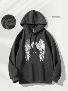 Hooded Sweatshirt Black Angel Wings Print Casual Wear For Daily Use - Grey - View 6